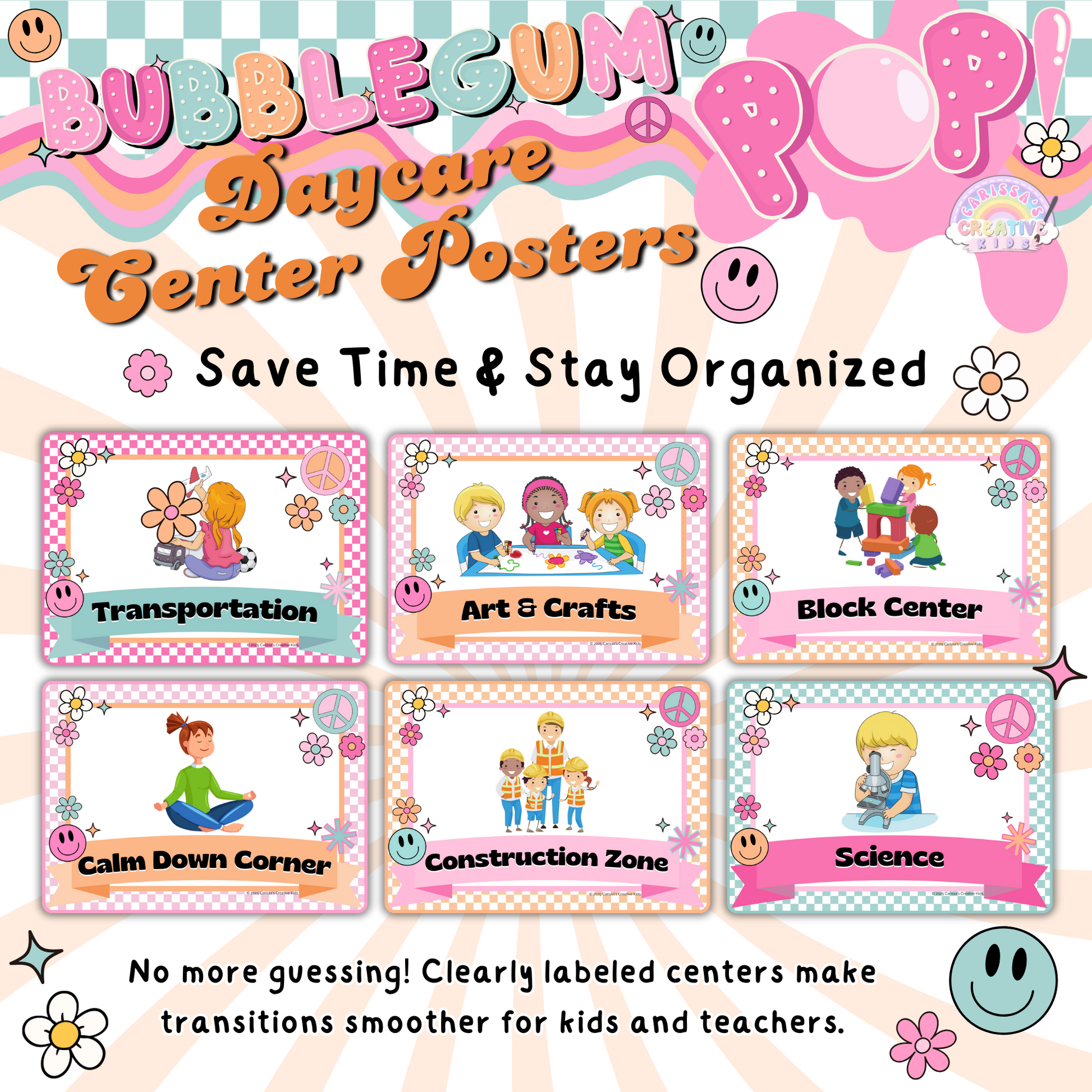 Fun and functional Bubblegum Pop! classroom center posters to help organize daycare and preschool learning spaces.
