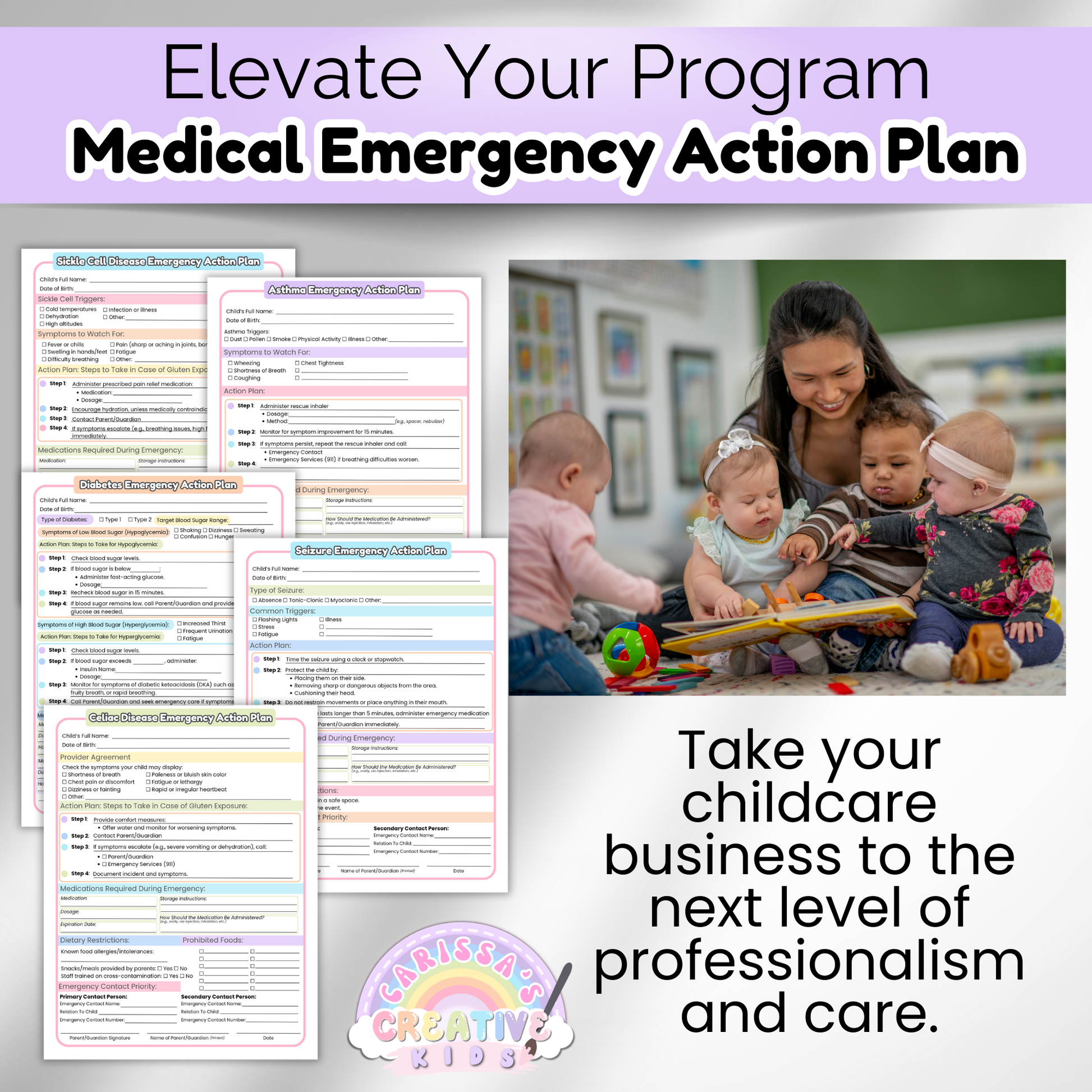 Printable emergency plans for childcare providers including seizure, asthma, diabetes, and celiac action forms—shown alongside a caregiver with infants to highlight professionalism and next-level care in daycare settings.