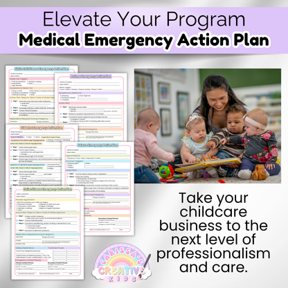 Printable emergency plans for childcare providers including seizure, asthma, diabetes, and celiac action forms—shown alongside a caregiver with infants to highlight professionalism and next-level care in daycare settings.