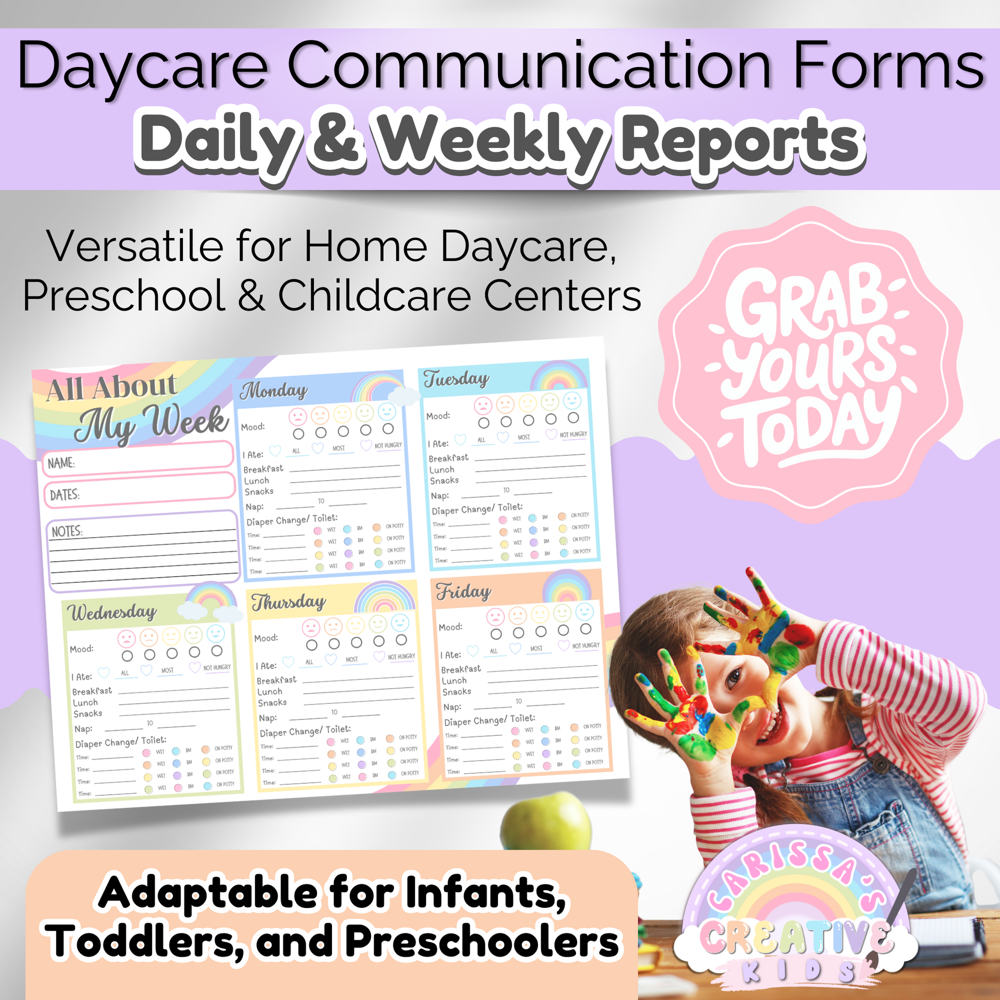 Preschool daily report printable. Perfect for tracking activities and daily routines in preschool settings.