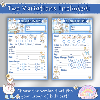 Side-by-side view of two variations of the “All About My Day” daily report sheet. Each version tracks meals, naps, toileting, and mood with space for notes. Designed for infant rooms, toddler care, and preschool classrooms with editable text fields.