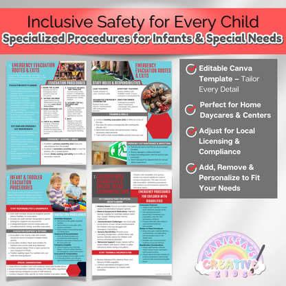 Childcare emergency plan with specialized procedures for infants and children with special needs. Includes evacuation and shelter-in-place protocols.