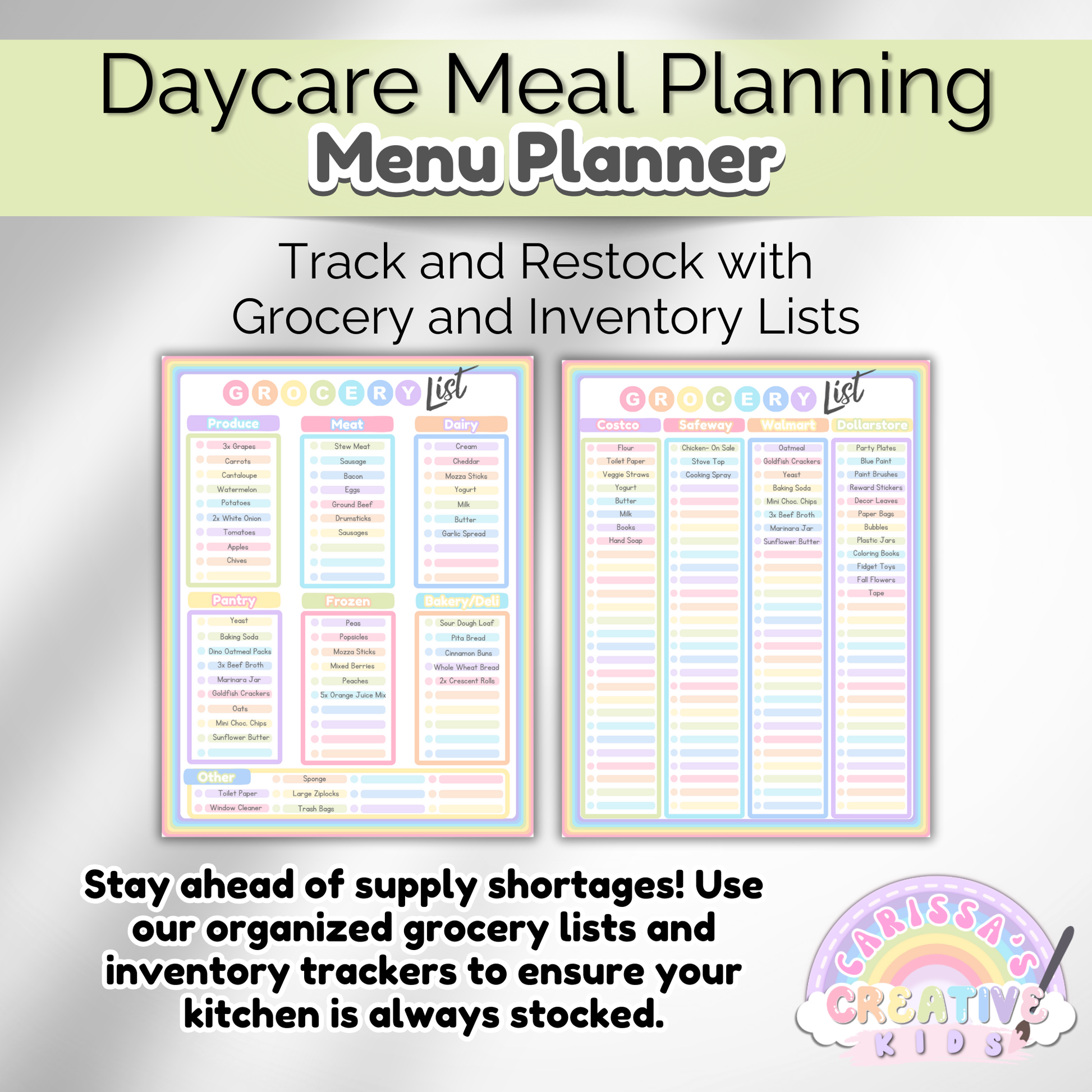 In-home daycare menu template for efficient meal planning. Perfect for home-based childcare providers.