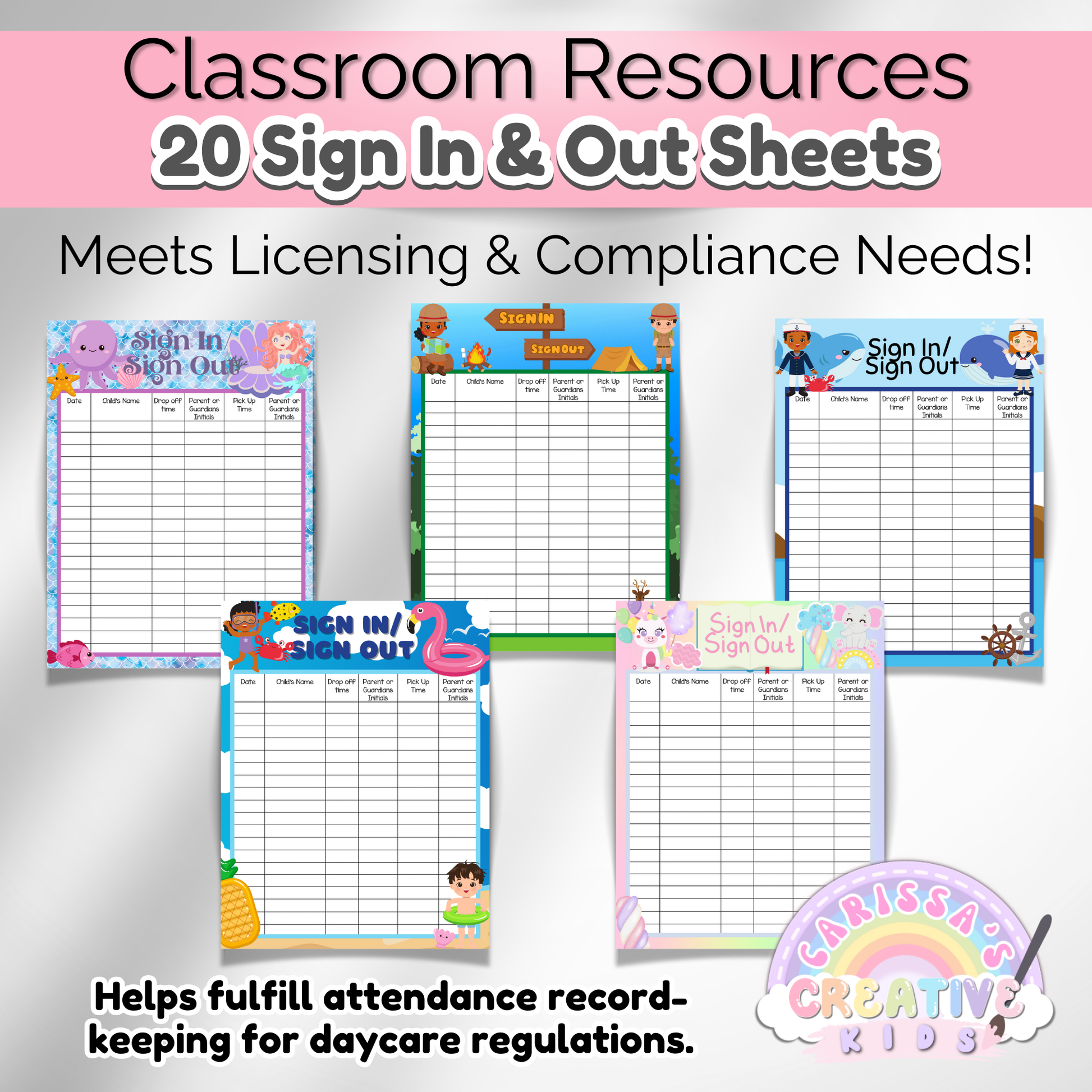 A preview of five daycare sign-in sheets, showcasing fun and kid-friendly themes such as construction trucks, colorful patterns, and nature-inspired designs.