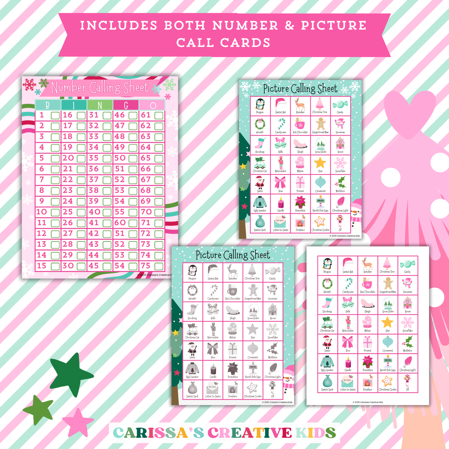 Includes both number and picture call cards for Christmas Bingo. Features colorful calling sheets to use with 50 picture cards and 50 number cards. Ideal for classroom parties, family Christmas games, or holiday events.