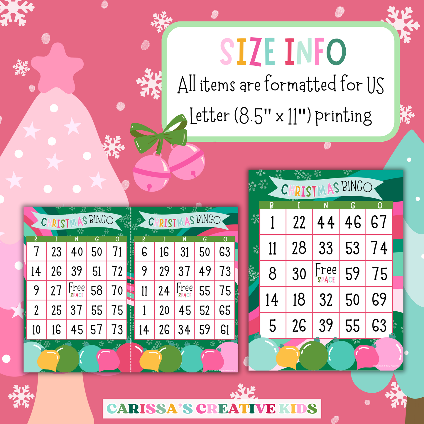 Christmas Bingo cards formatted for US Letter size (8.5'' x 11'') printing. Includes full and half-page bingo card layouts for easy home or classroom printing. Great for holiday parties, family games, and Christmas classroom activities.