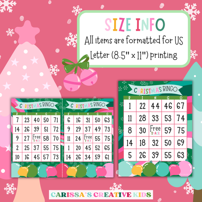 Christmas Bingo cards formatted for US Letter size (8.5'' x 11'') printing. Includes full and half-page bingo card layouts for easy home or classroom printing. Great for holiday parties, family games, and Christmas classroom activities.