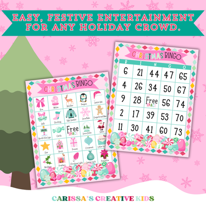 Christmas Bingo number and picture cards in a candy-themed design with pink snowflake background and banner that reads 'Easy, festive entertainment for any holiday crowd.' Perfect printable game for families, classrooms, or office parties.
