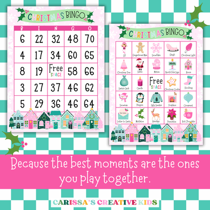 Side-by-side view of Christmas Bingo number card and picture card designs with pastel village borders. Features the quote 'Because the best moments are the ones you play together.' A festive and heartwarming printable game for holiday fun.
