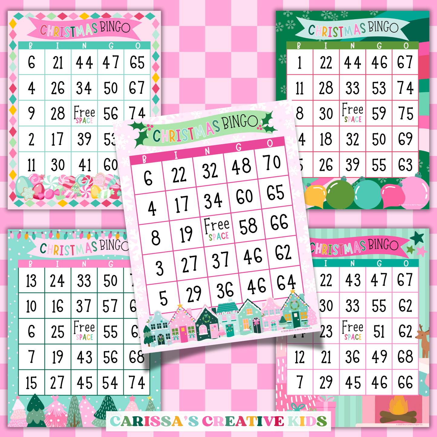 Christmas Bingo number cards in five festive designs with numbers ranging from 1 to 75. Great for holiday classroom games, family bingo nights, and Christmas party fun. Printable full-page layouts included.
