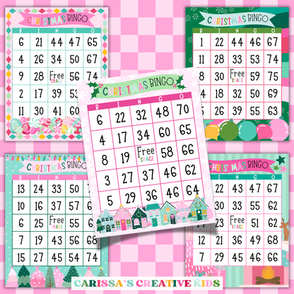 Christmas Bingo number cards in five festive designs with numbers ranging from 1 to 75. Great for holiday classroom games, family bingo nights, and Christmas party fun. Printable full-page layouts included.