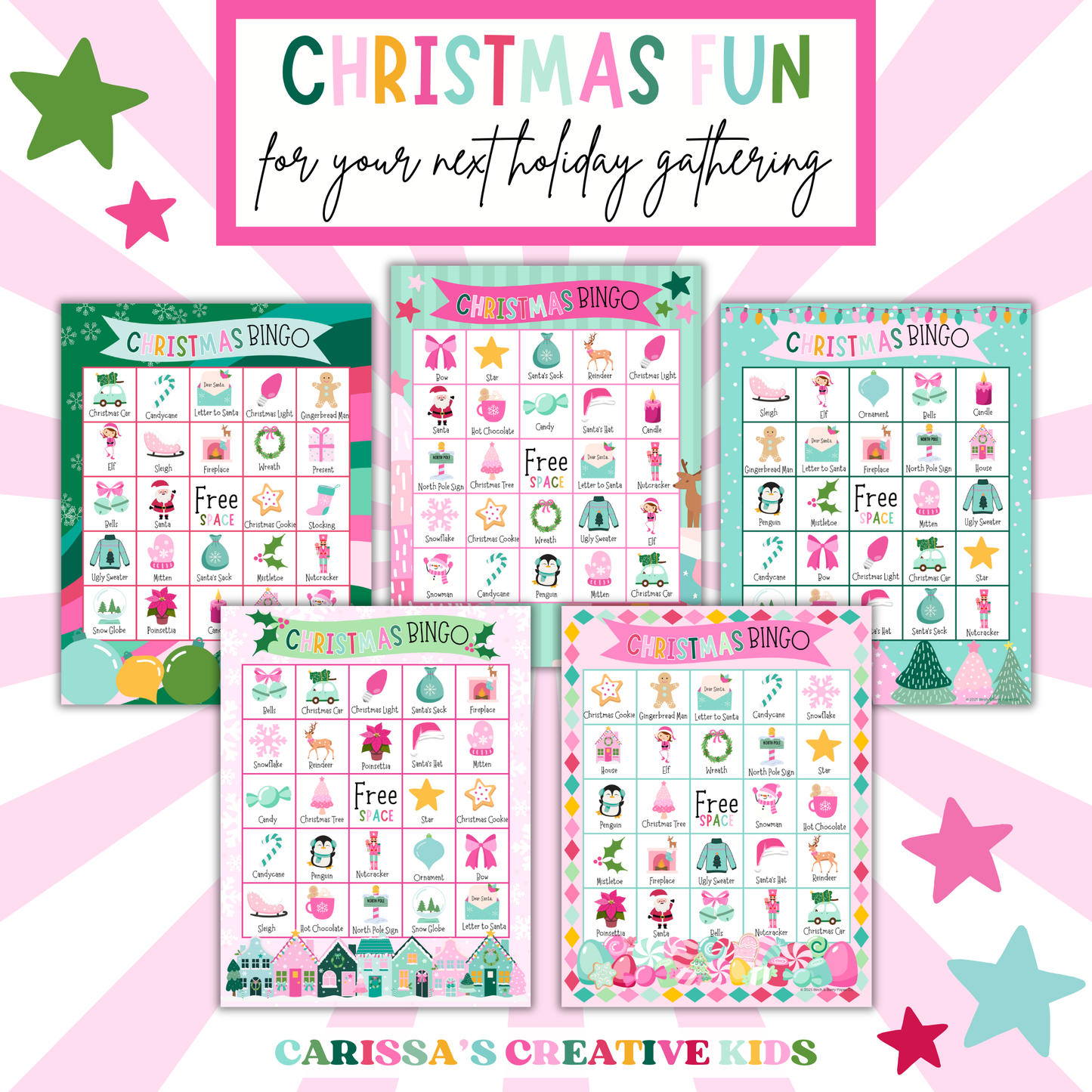 Printable Christmas Bingo cards featuring 50 picture cards and 50 number cards in 5 fun holiday designs. Includes both full-page and half-sheet formats. Ready-to-play for classroom parties, family games, or Christmas activities for kids and adults.