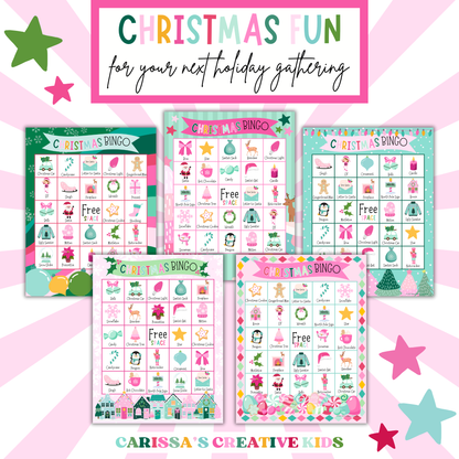 Printable Christmas Bingo cards featuring 50 picture cards and 50 number cards in 5 fun holiday designs. Includes both full-page and half-sheet formats. Ready-to-play for classroom parties, family games, or Christmas activities for kids and adults.