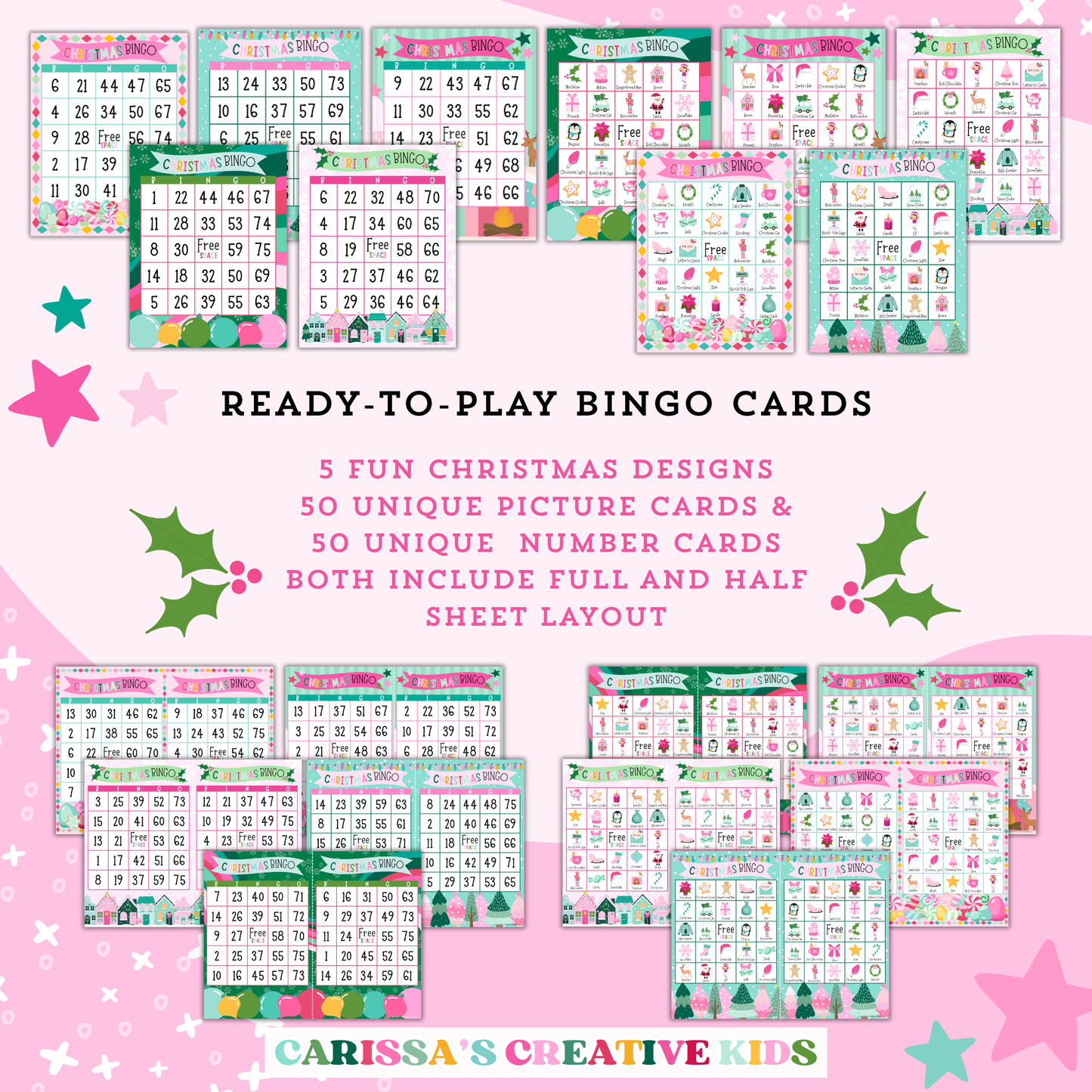 Christmas Bingo Set – 50 Unique Picture & Number Cards | Family & Classroom Game