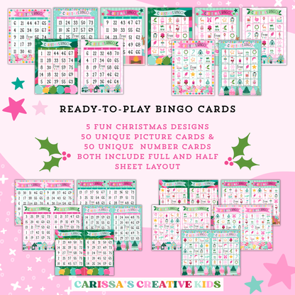 Christmas Bingo Set – 50 Unique Picture & Number Cards | Family & Classroom Game