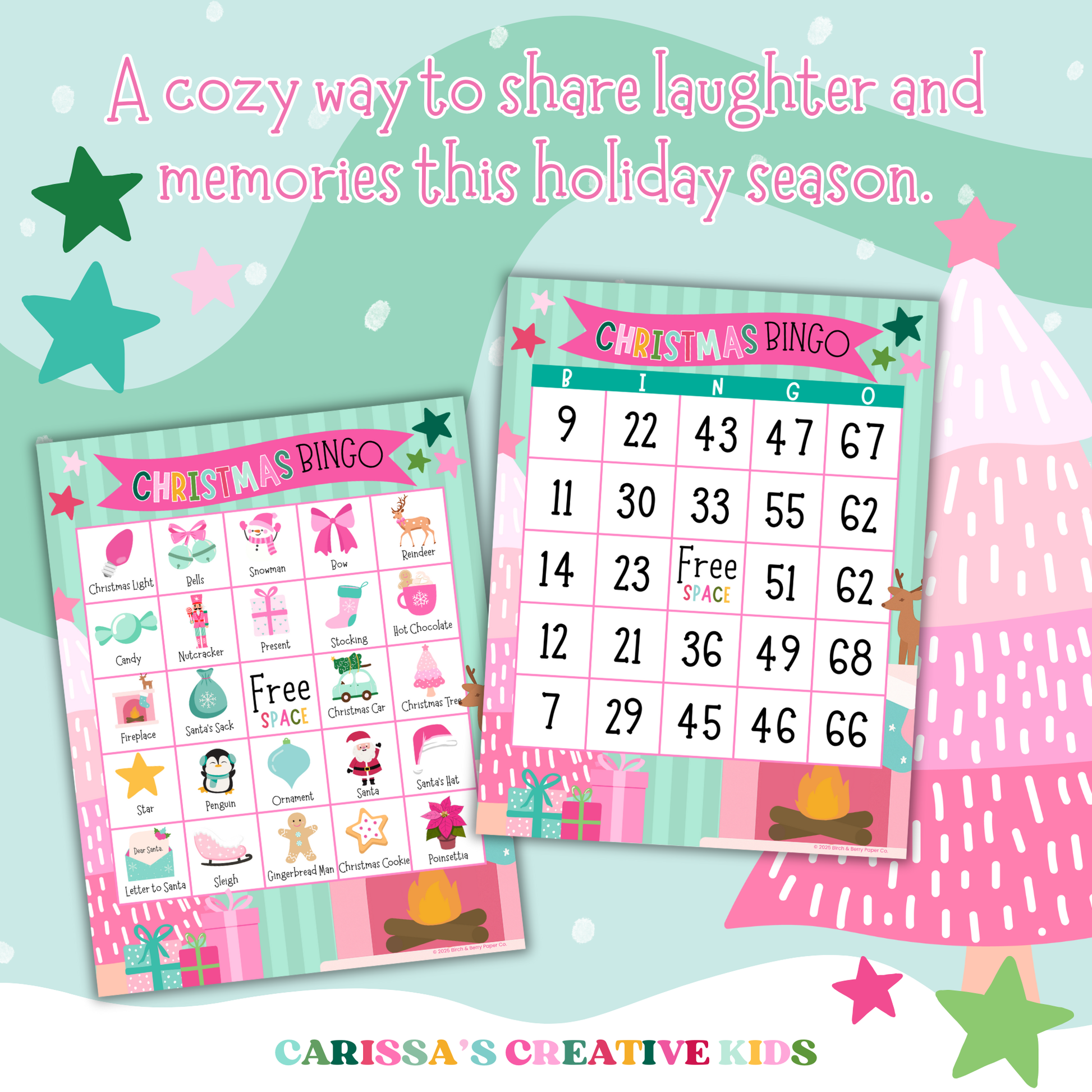 Digital download Christmas Bingo game featuring 50 picture bingo cards and 50 number bingo cards with festive designs. Includes half and full sheet options.