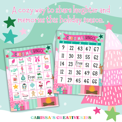 Digital download Christmas Bingo game featuring 50 picture bingo cards and 50 number bingo cards with festive designs. Includes half and full sheet options.