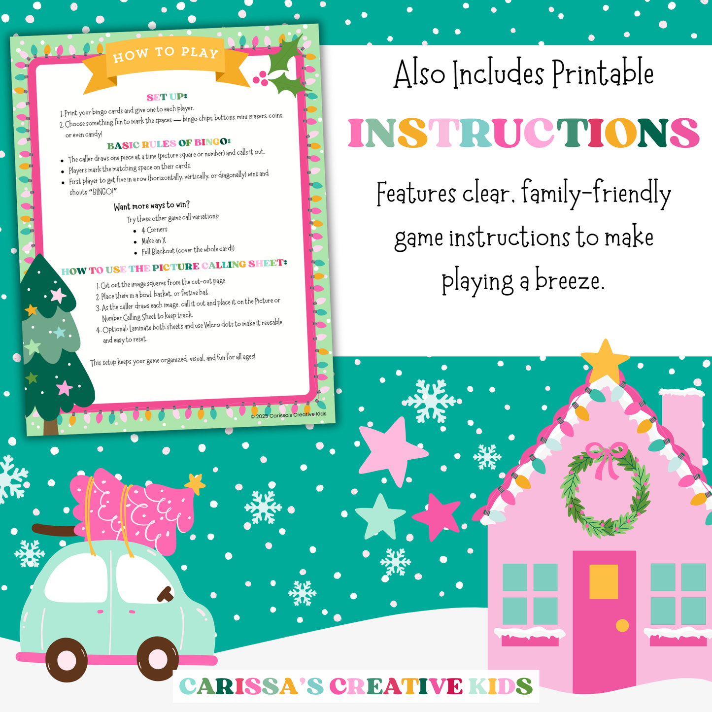 Includes printable instructions for Christmas Bingo. Clear, family-friendly game directions with festive winter design. Great for classrooms, families, and holiday parties. Makes setup and play easy for all ages.