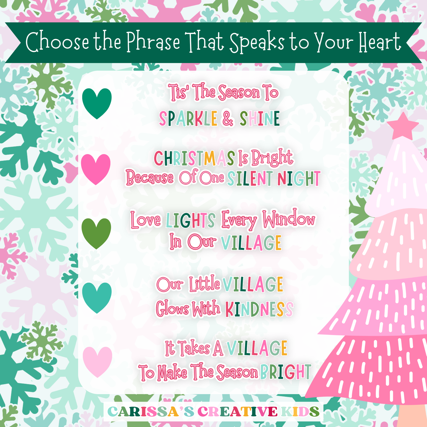 Printable Christmas classroom decor featuring five pastel holiday quote options, including 'Tis the Season to Sparkle & Shine' and 'It Takes a Village to Make the Season Bright' — perfect for customizing your bulletin board display.