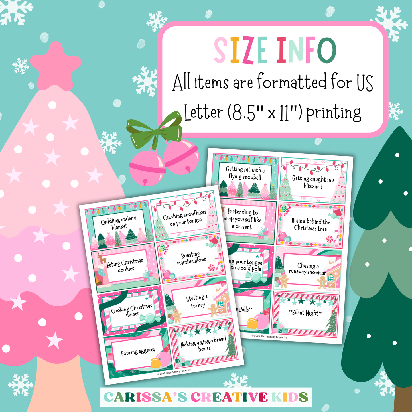 Christmas Charades card size information showing printable format for US Letter (8.5'' x 11'') paper. Includes festive example cards with colorful borders and winter scenes. Ideal for easy at-home printing for holiday party games with kids, families, or classrooms.
