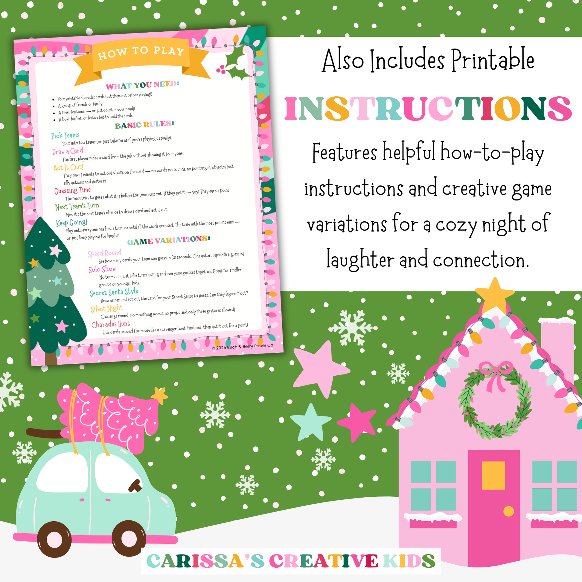 Printable Christmas Charades game includes a detailed how-to-play instruction sheet and creative game variations. Festive design with snowy village, pastel house, and pink car carrying presents. A cozy and fun addition to holiday party games for families and classrooms.