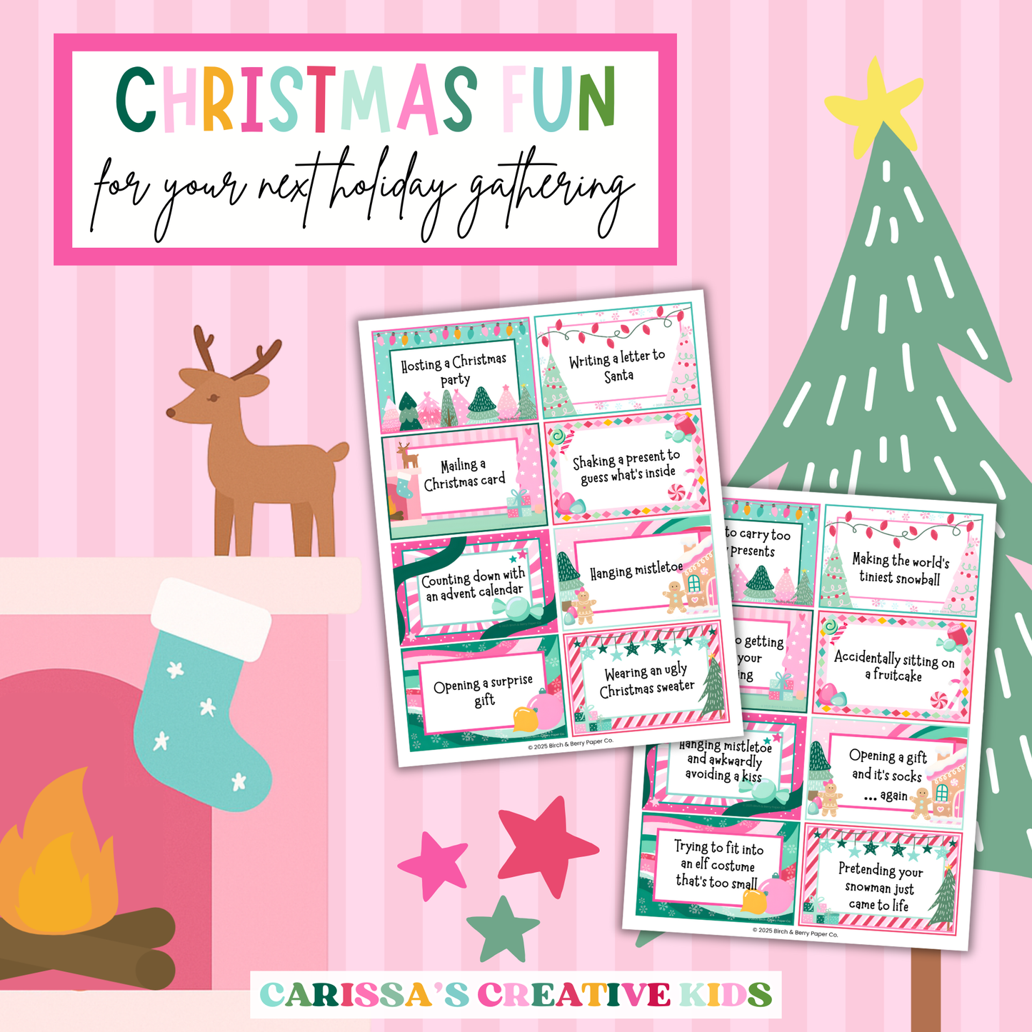 Christmas Charades party game preview featuring sample cards with holiday actions like mailing a Christmas card, opening a gift, and pretending your snowman came to life. Pink and green Christmas scene with tree, fireplace, and reindeer adds festive charm. Great for kids, families, and group holiday gatherings.