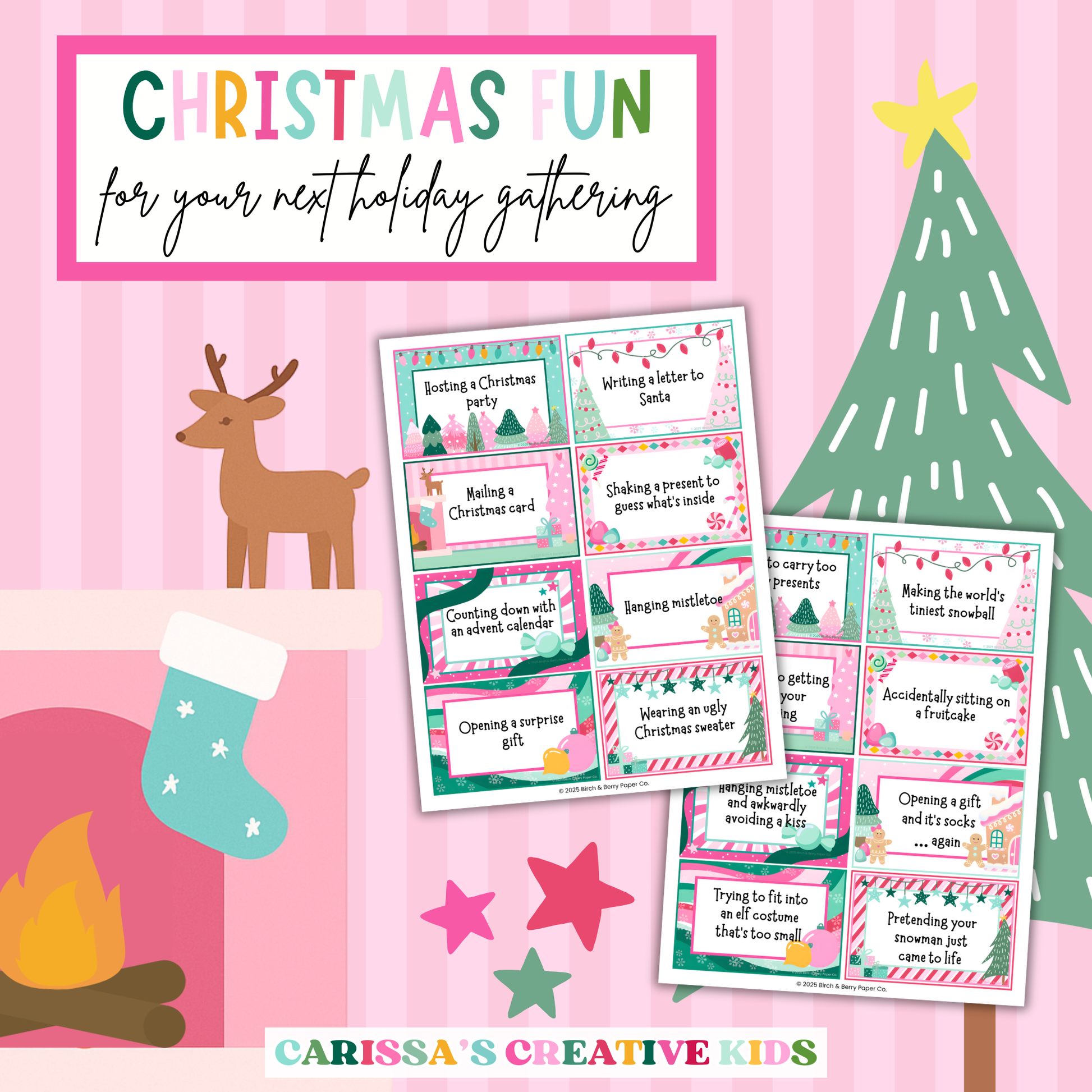 Christmas Charades party game preview featuring sample cards with holiday actions like mailing a Christmas card, opening a gift, and pretending your snowman came to life. Pink and green Christmas scene with tree, fireplace, and reindeer adds festive charm. Great for kids, families, and group holiday gatherings.