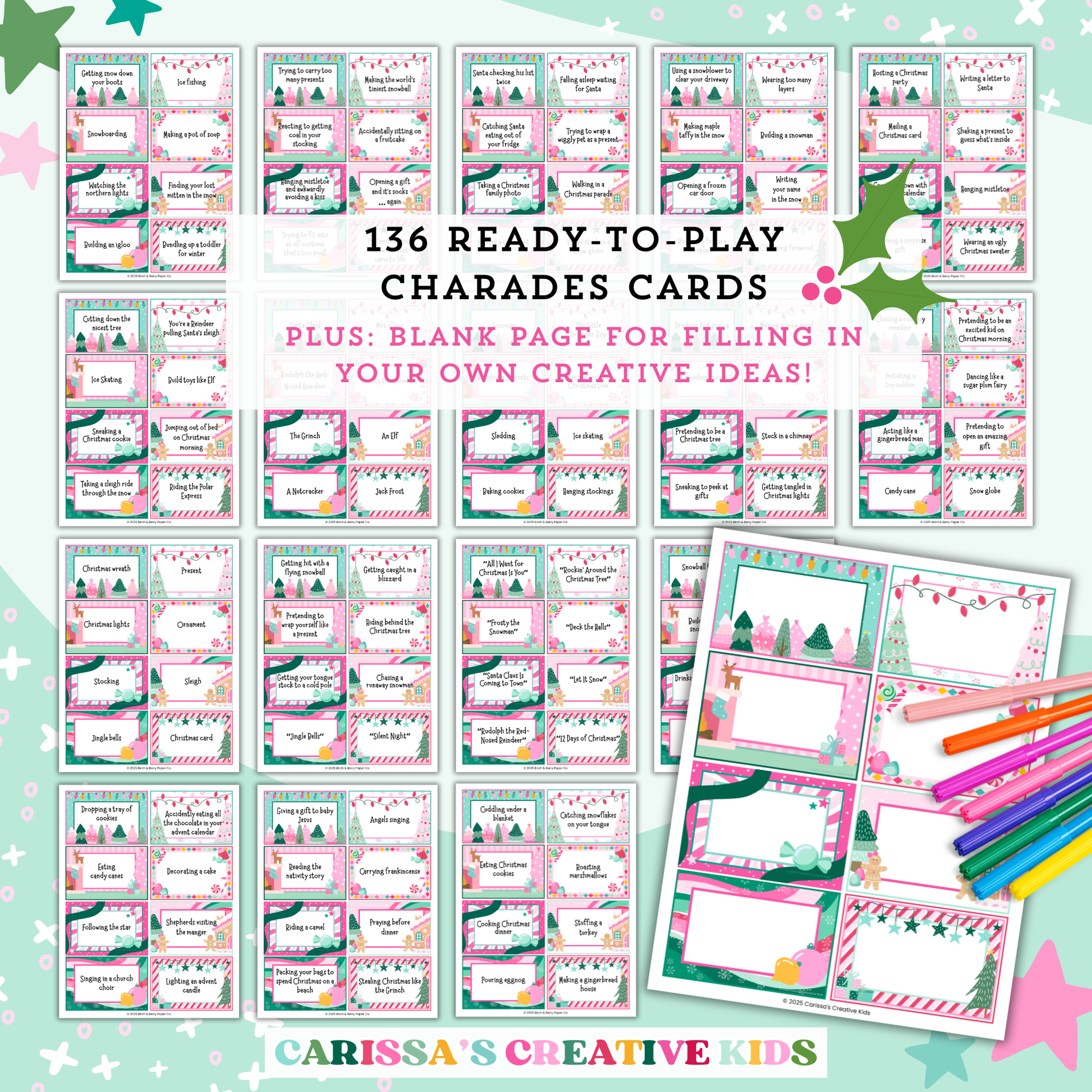 Preview of printable Christmas Charades game with 136 themed cards plus blank templates to add your own ideas. Cards feature festive pink, green, and red borders with playful Christmas illustrations. Perfect for Christmas party games, family gatherings, classroom fun, or office parties.