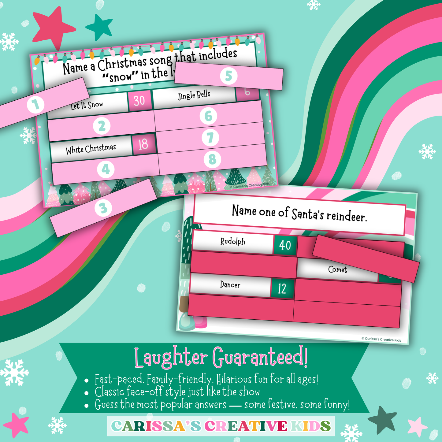 Sample Christmas Feud game cards showing festive trivia questions like “Name one of Santa’s reindeer” and “Name a Christmas song that includes snow.” Features bright pink and green holiday design with bold answer bars and a promise of laughter-filled party fun.