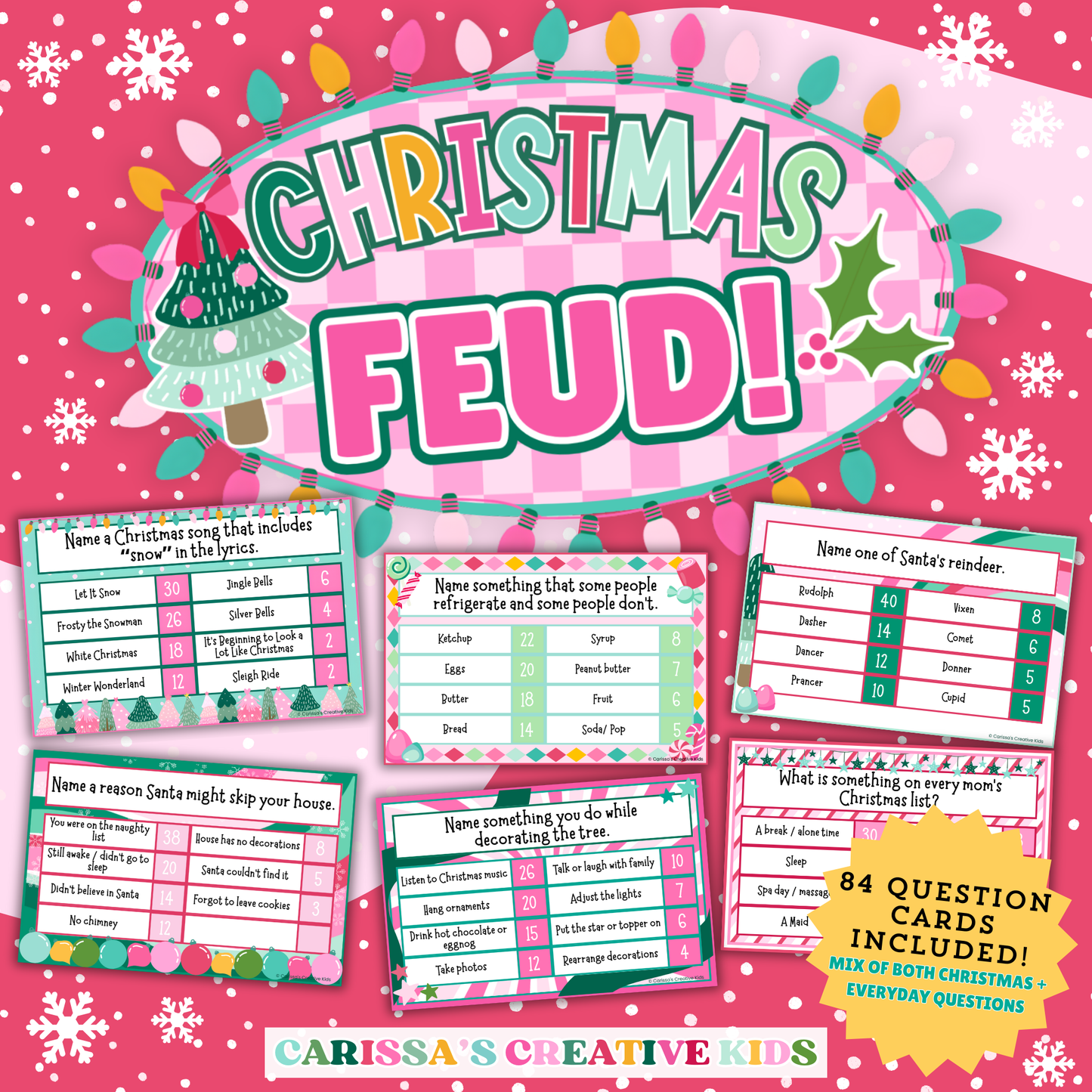 Colorful Christmas Feud printable party game featuring 84 question cards with festive and everyday trivia. Includes samples of game cards with bright holiday design, ideal for Christmas parties, classrooms, or family gatherings.