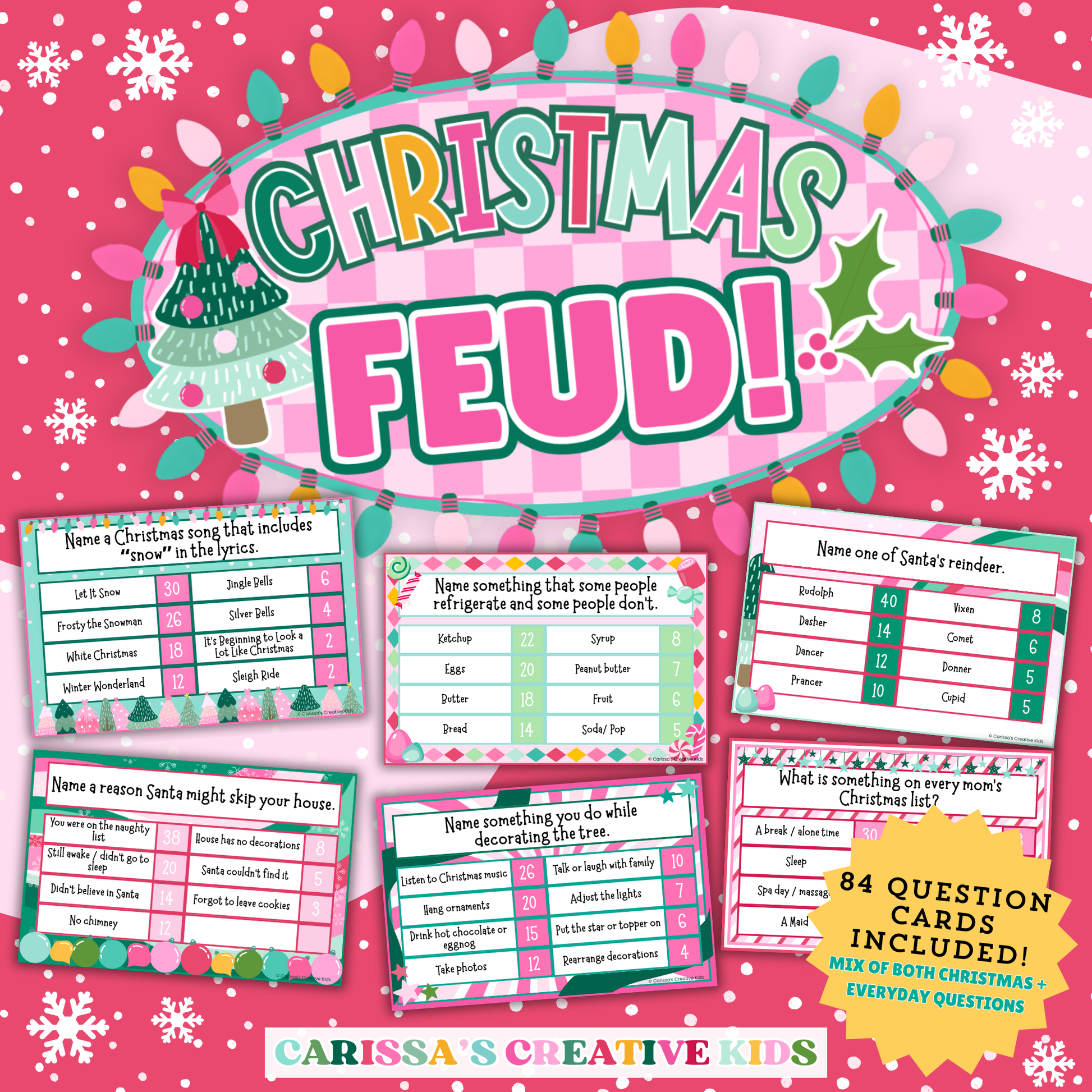 Colorful Christmas Feud printable party game featuring 84 question cards with festive and everyday trivia. Includes samples of game cards with bright holiday design, ideal for Christmas parties, classrooms, or family gatherings.