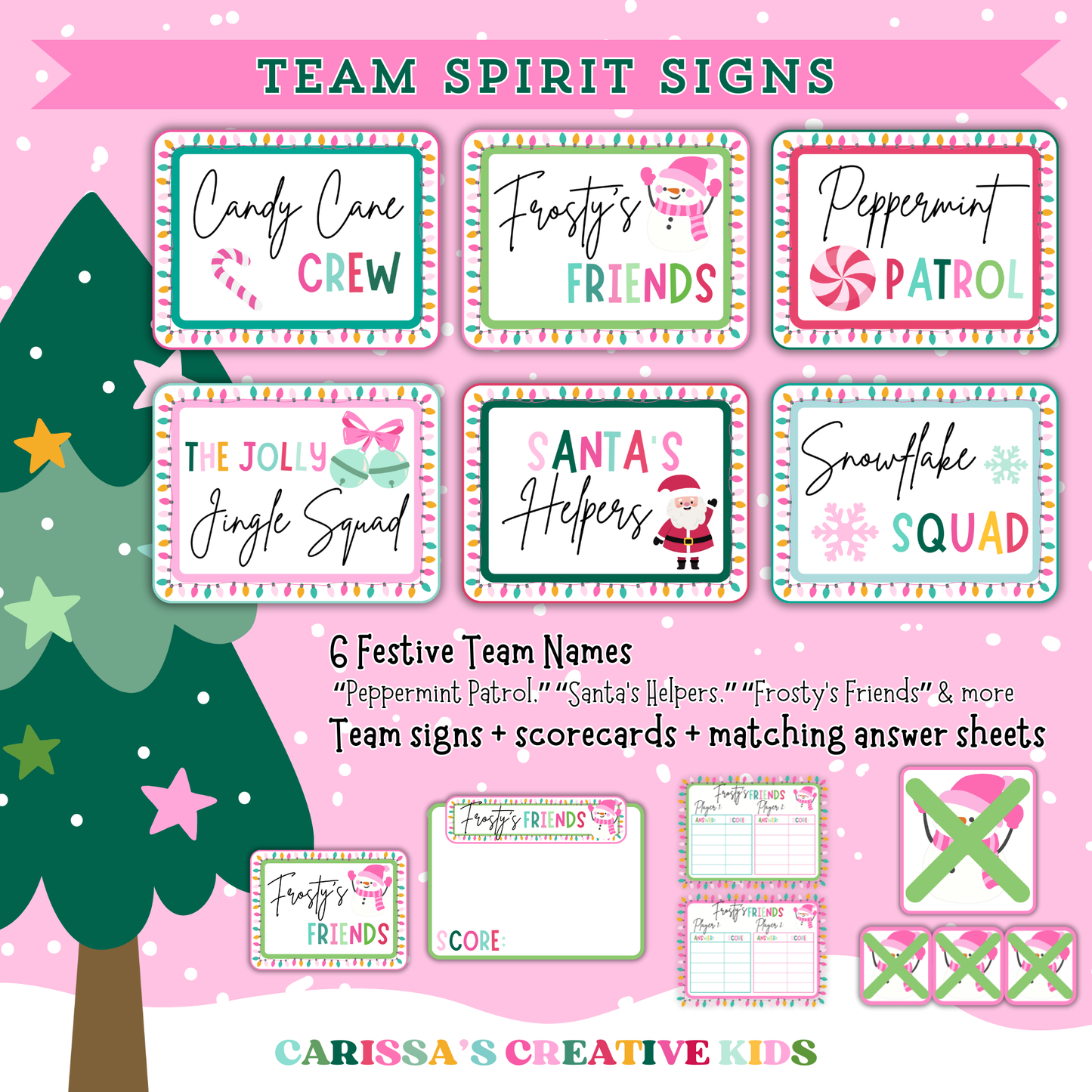 Festive Christmas Feud team spirit signs featuring 6 themed team names like “Candy Cane Crew” and “Santa’s Helpers.” Includes matching scorecards, answer sheets, and strike cards for easy holiday game setup at classroom parties or family gatherings.