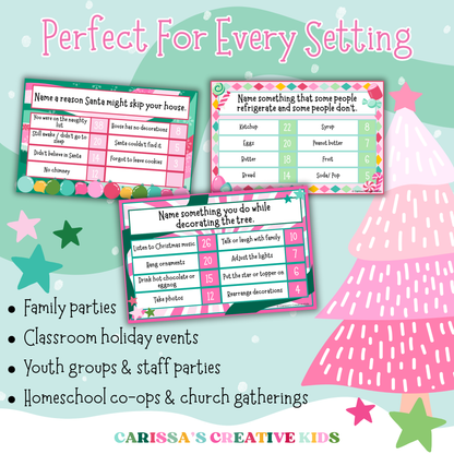 Christmas Feud printable game shown in use across multiple settings, including family parties, classroom events, youth groups, and homeschool co-ops. Features sample question cards with festive graphics and kid-friendly trivia for all ages.