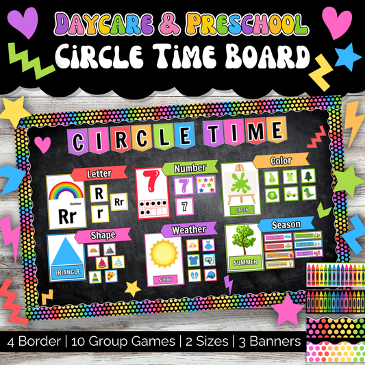 Colorful printable preschool circle time board for daycare focus wall, featuring letters, numbers, colors, shapes, weather, seasons, banners, borders, and group games.