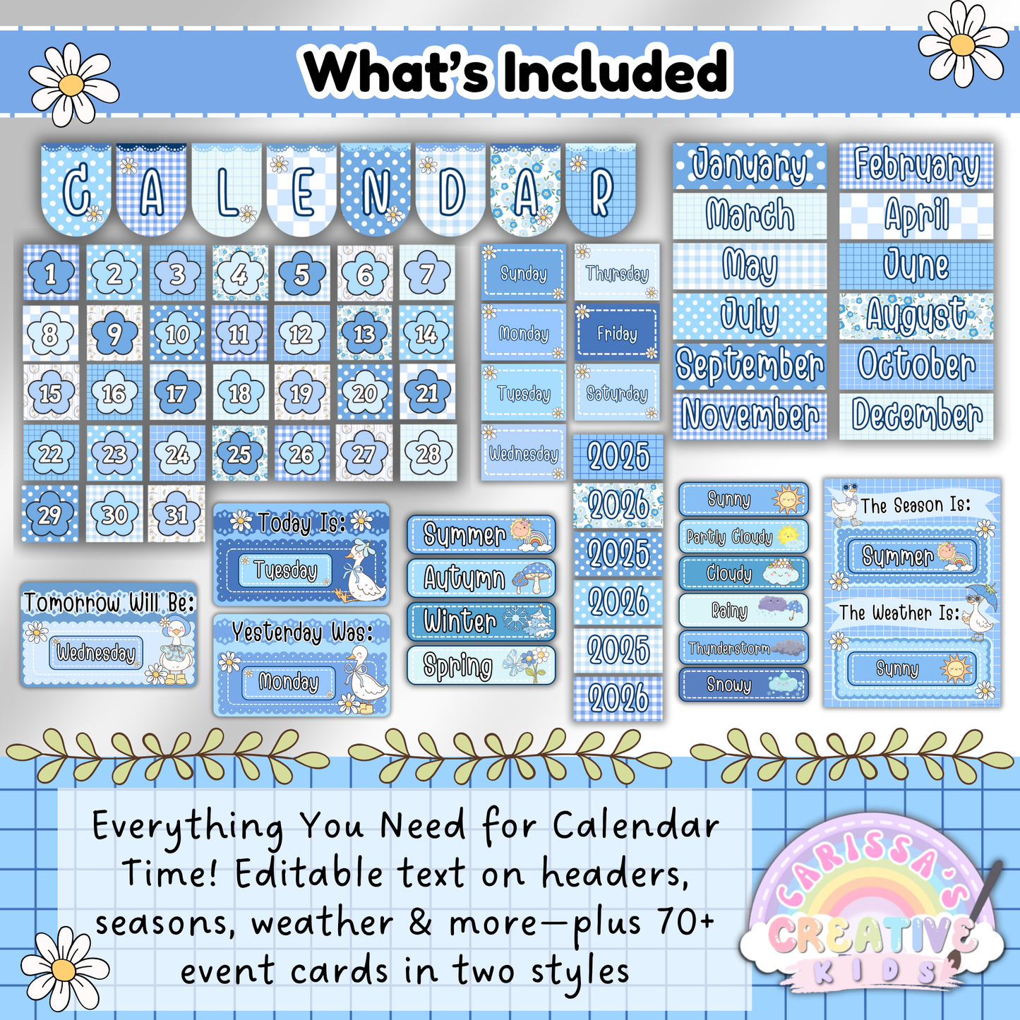 Flat lay of printable classroom calendar elements including editable month headers, days of the week, year cards, season cards, weather labels, and 70+ event cards. Blue pastel Silly Goose theme with gingham accents—perfect for classroom decor, homeschool calendar boards, and preschool routines.