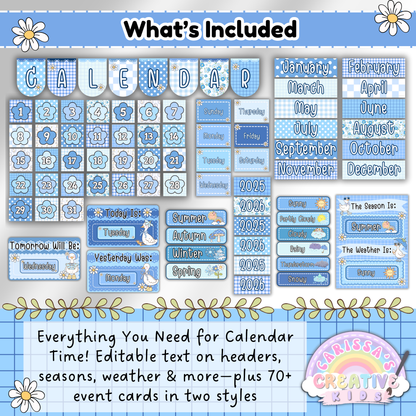 Flat lay of printable classroom calendar elements including editable month headers, days of the week, year cards, season cards, weather labels, and 70+ event cards. Blue pastel Silly Goose theme with gingham accents—perfect for classroom decor, homeschool calendar boards, and preschool routines.