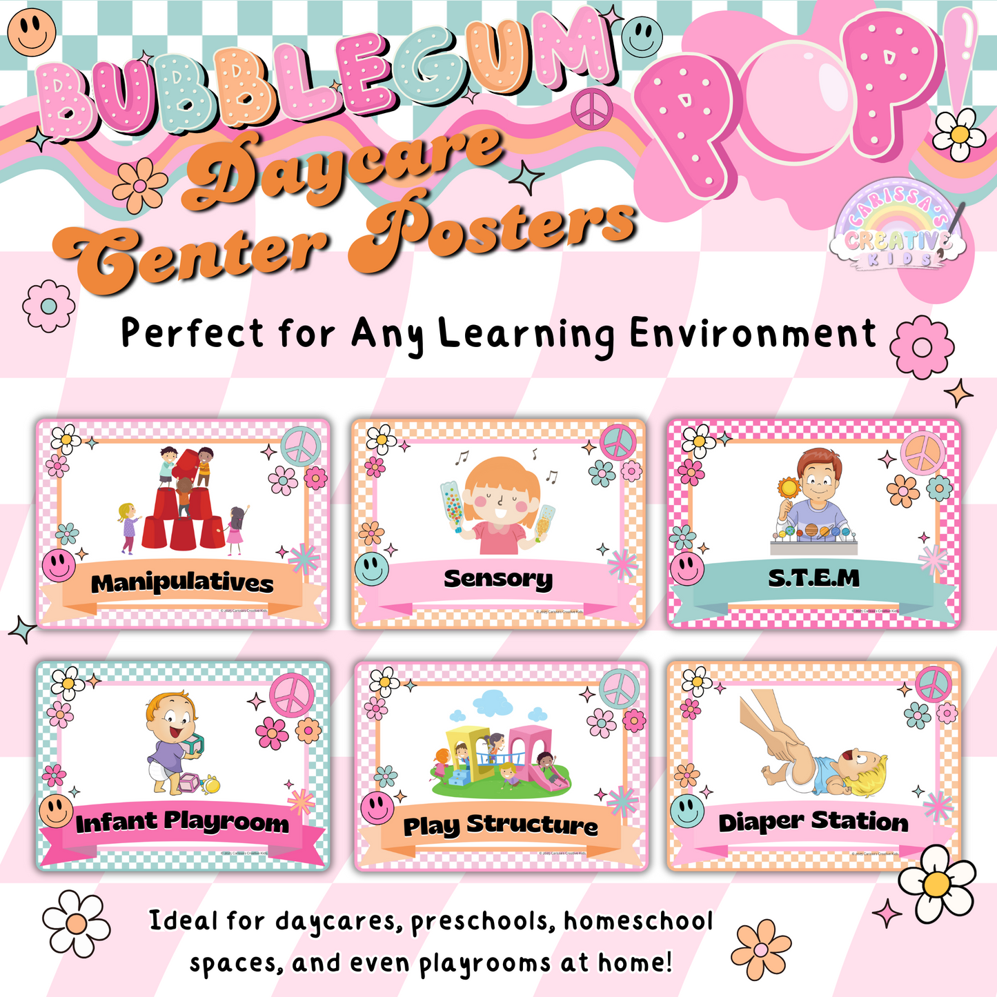 A set of 50 colorful preschool center posters, perfect for labeling activity areas in daycare and homeschool settings.