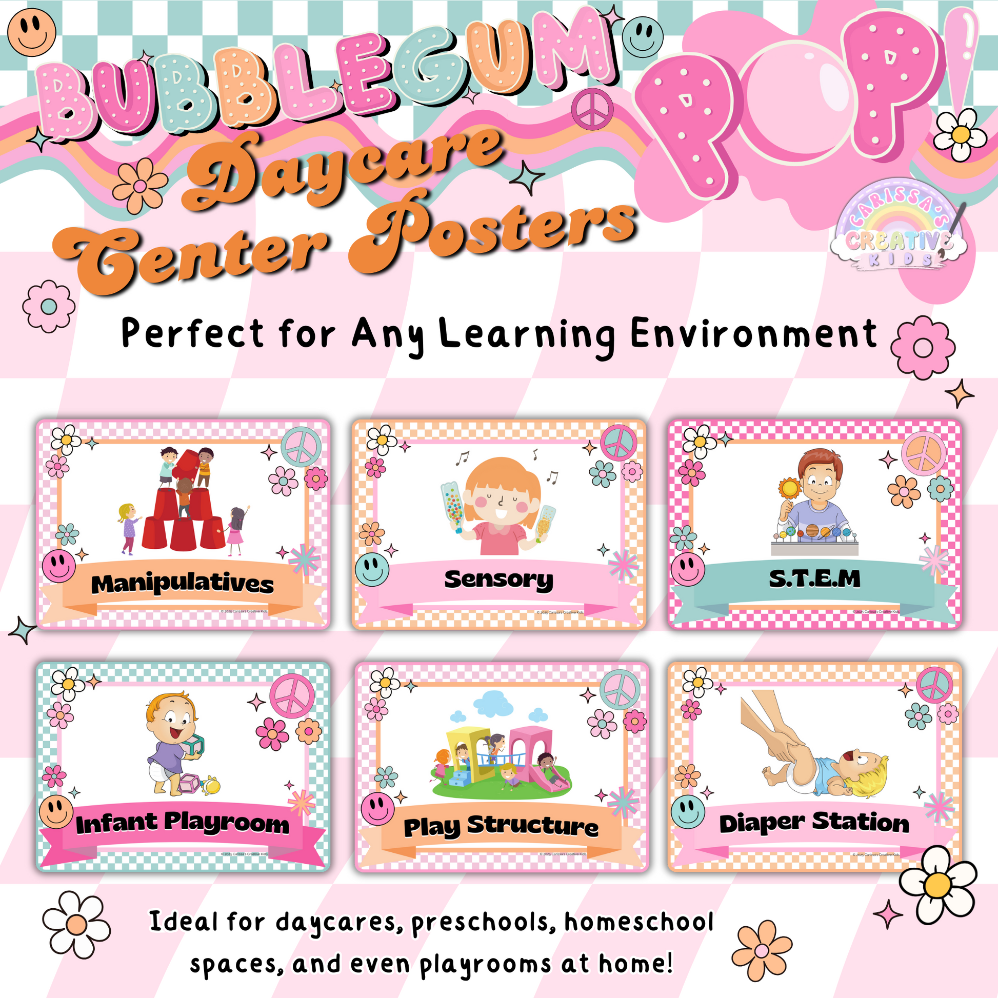 A set of 50 colorful preschool center posters, perfect for labeling activity areas in daycare and homeschool settings.