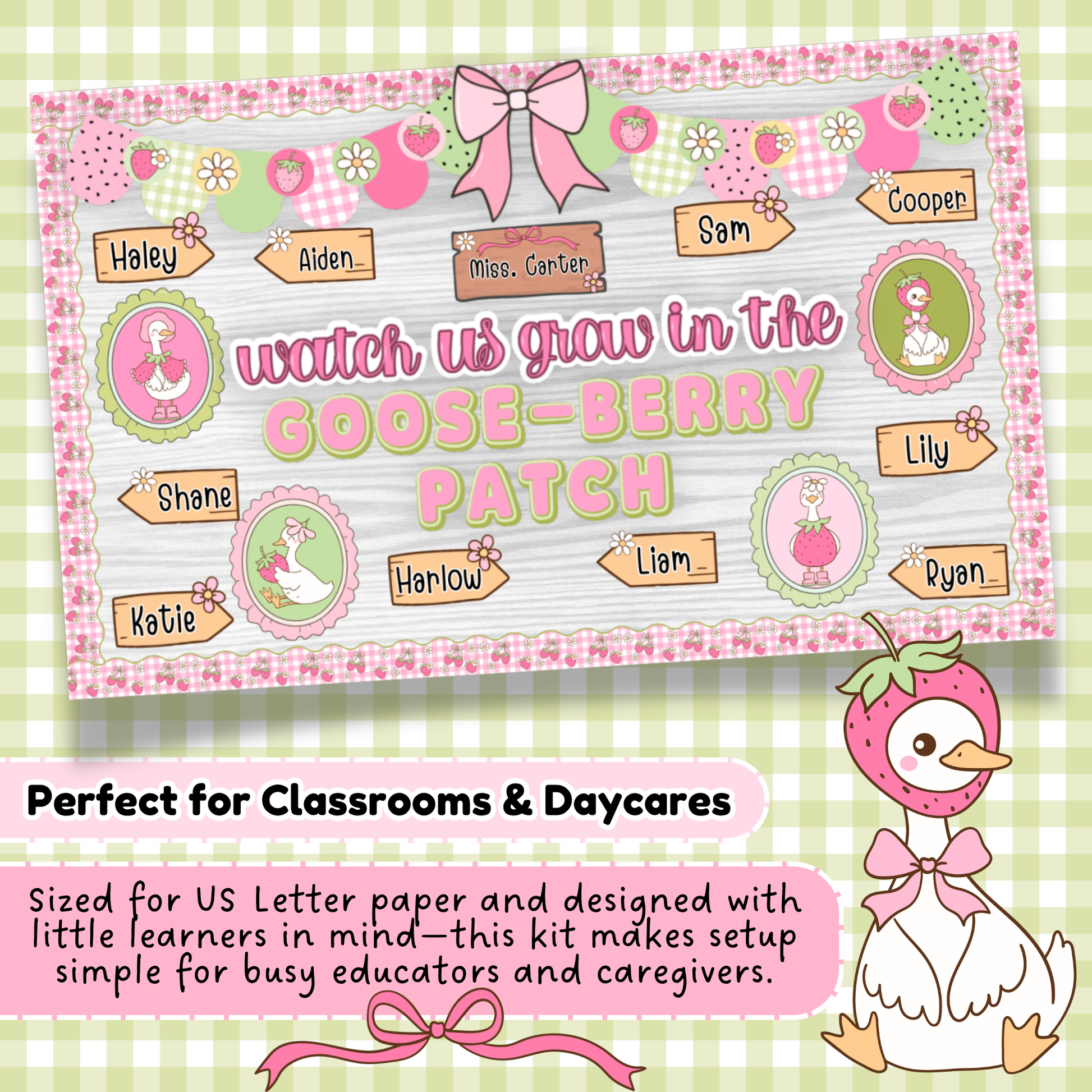 Goose-Berry Patch bulletin board kit displayed with editable student name tags on a pastel green gingham background. Designed for US letter paper and ideal for preschool, daycare, or classroom use. A quick, cute setup option for busy educators and caregivers.