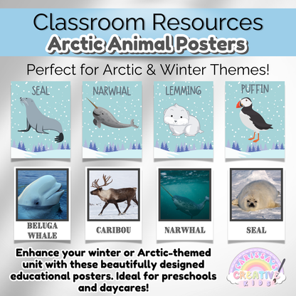 Arctic animal wall art for classroom decor. Features labeled animal posters for early learning environments.