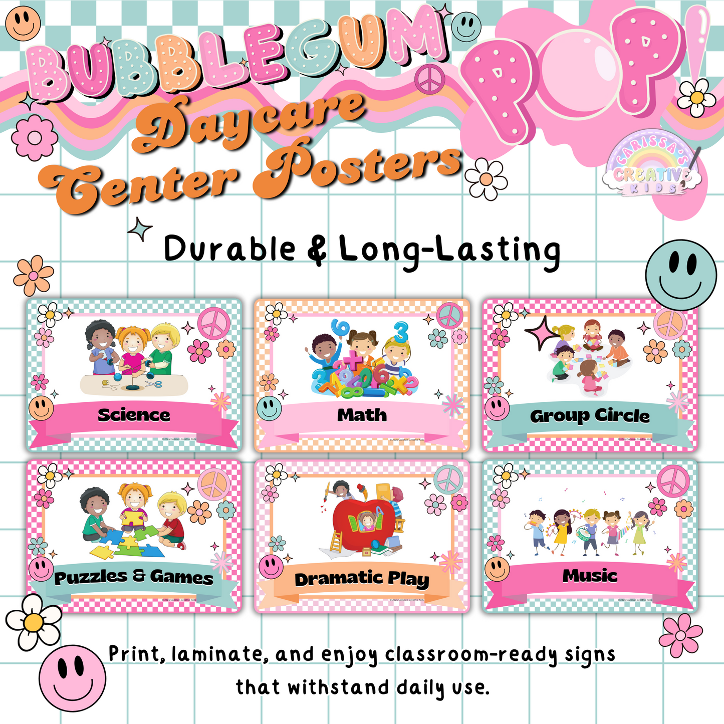 Customizable center signs for classrooms, featuring a bold and playful Bubblegum Pop! design. Editable text included.