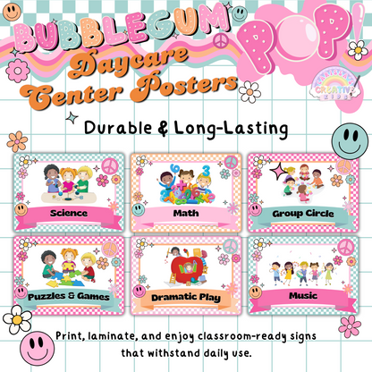 Customizable center signs for classrooms, featuring a bold and playful Bubblegum Pop! design. Editable text included.