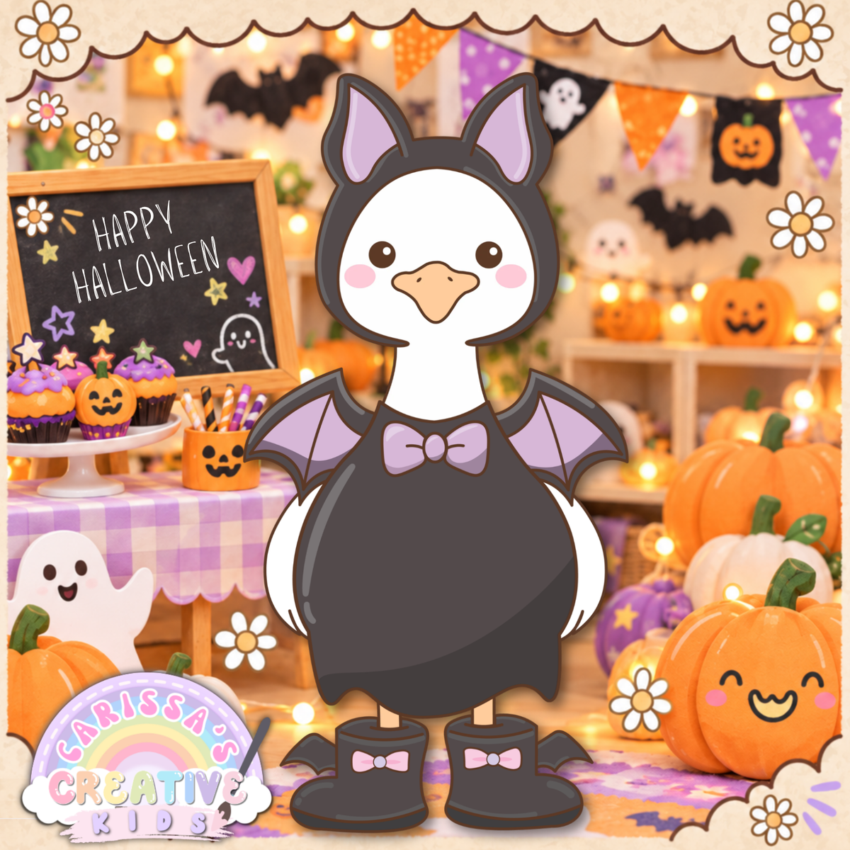 Classroom Goose Halloween bat costume printable shown in a festive classroom party setting, featuring a silly goose dressed with bat ears, wings, bow tie, and boots for preschool, kindergarten, daycare decor, bulletin board decor, and seasonal classroom displays.
