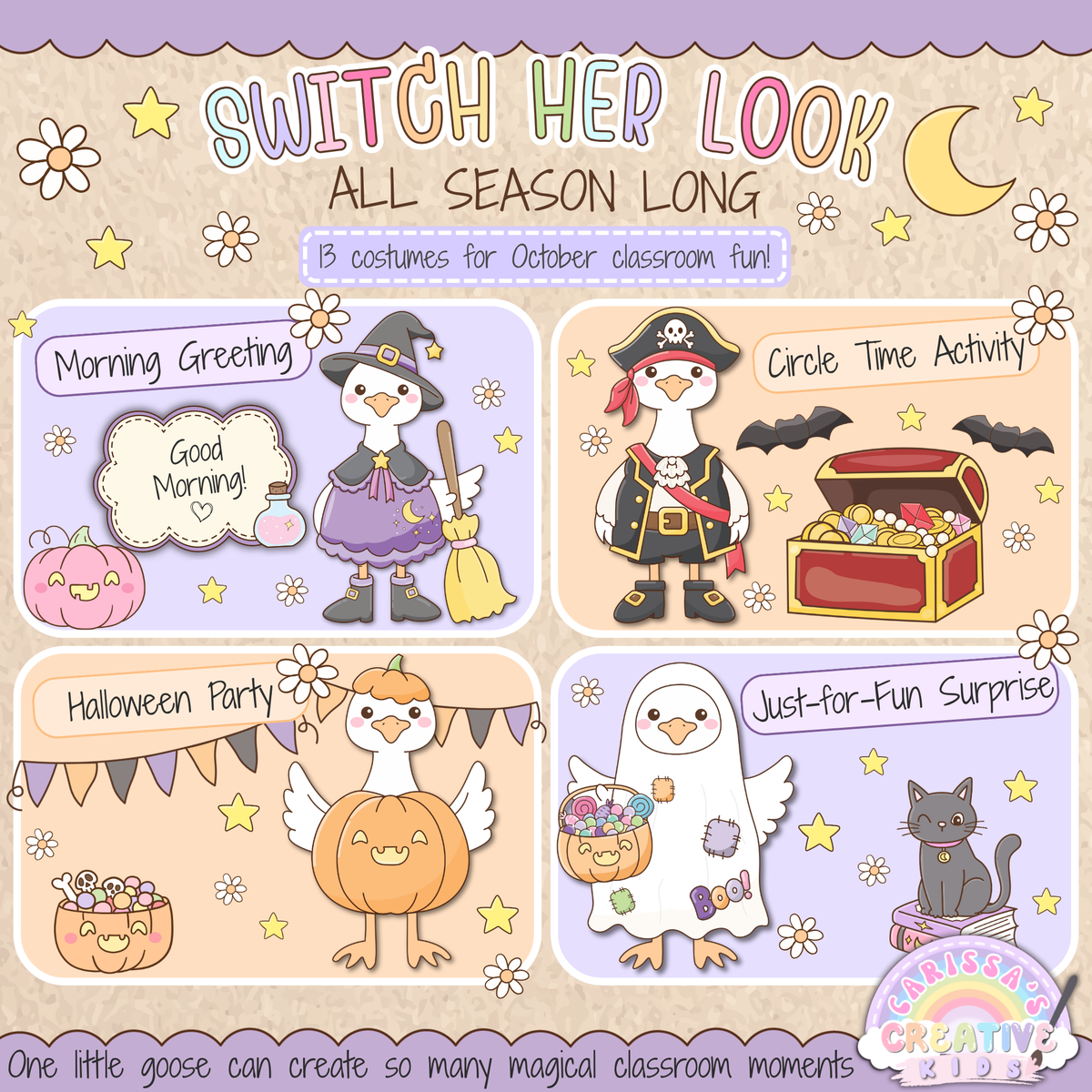 Classroom Goose Halloween Dress-Up Pack printable showing witch, pirate, pumpkin, and ghost costume ideas for morning greetings, circle time activities, Halloween parties, and fun classroom surprises in preschool, kindergarten, daycare, and bulletin board decor.