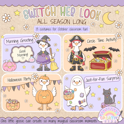 Classroom Goose Halloween Dress-Up Pack printable showing witch, pirate, pumpkin, and ghost costume ideas for morning greetings, circle time activities, Halloween parties, and fun classroom surprises in preschool, kindergarten, daycare, and bulletin board decor.