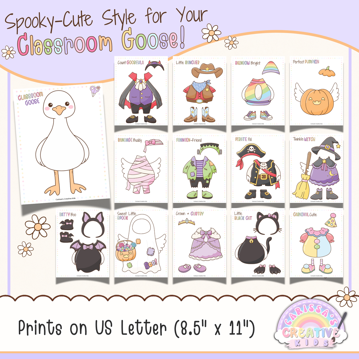 Classroom Goose Halloween printable dress-up pack showing the goose template with spooky-cute costumes including vampire, cowboy, rainbow, pumpkin, mummy, Frankenstein, pirate, witch, bat, ghost, princess, black cat, and carnival clown outfits for preschool, kindergarten, daycare, and classroom decor.