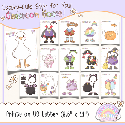 Classroom Goose Halloween printable dress-up pack showing the goose template with spooky-cute costumes including vampire, cowboy, rainbow, pumpkin, mummy, Frankenstein, pirate, witch, bat, ghost, princess, black cat, and carnival clown outfits for preschool, kindergarten, daycare, and classroom decor.