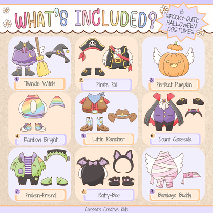 What’s included in the Classroom Goose Halloween Dress-Up Pack printable, featuring 9 spooky-cute costumes including witch, pirate, pumpkin, rainbow, cowboy, vampire, Frankenstein, bat, and mummy outfits for preschool, kindergarten, daycare, bulletin boards, and Halloween classroom decor.