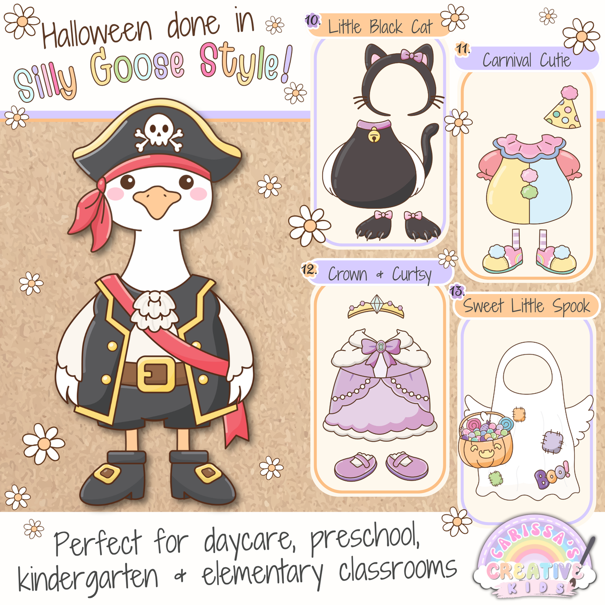 Classroom Goose Halloween dress-up printable featuring pirate goose plus black cat, carnival clown, princess, and ghost costumes for daycare, preschool, kindergarten, elementary classrooms, bulletin board decor, and silly goose Halloween displays.