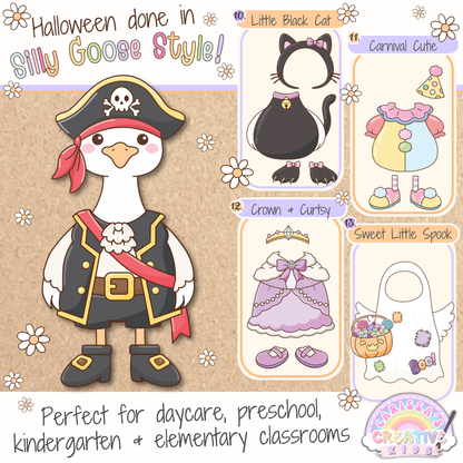 Classroom Goose Halloween dress-up printable featuring pirate goose plus black cat, carnival clown, princess, and ghost costumes for daycare, preschool, kindergarten, elementary classrooms, bulletin board decor, and silly goose Halloween displays.